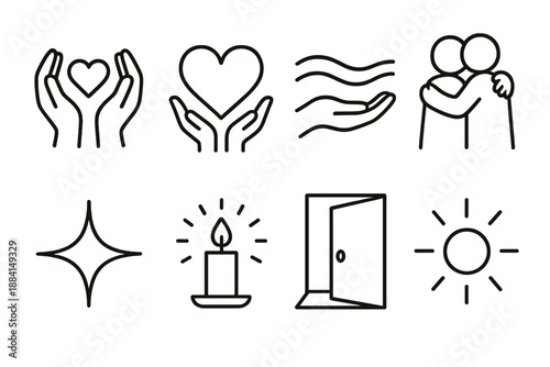 Compassionate Icon Set. March 8 Compassion & Support set in outline vector style: empathy hands, caring heart, calm wave, supportive embrace, kindness spark,