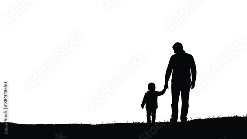 Father guides child embodying love and protection walking together a grassy hill against a stark white backdrop symbolizing guidance Silhouette vector on whit Background