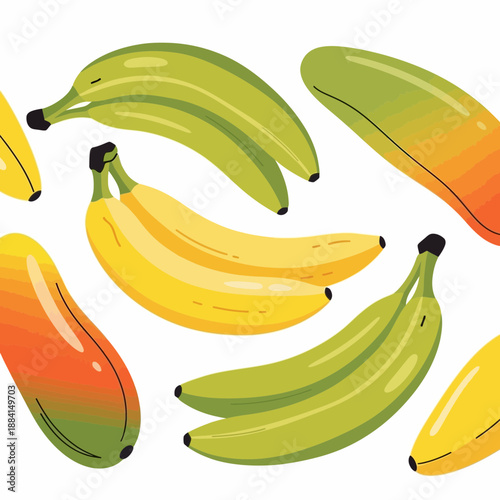 Assorted Bananas and Tropical Fruits on White
