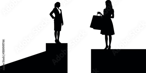 Silhouette of professional business woman and consumer shopper standing on separated blocks representing social class divide wealth gap and lifestyle choices