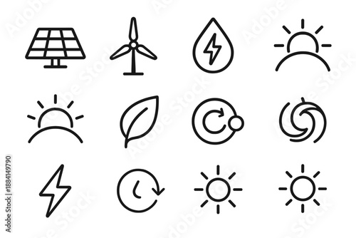 Clean Energy Icons. Clean Energy set in outline vector style: solar panel icon, wind turbine, water droplet power, sun beam arc, eco leaf, energy ring, charging