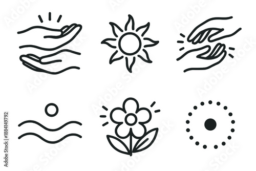 Supportive Hands Icons. Compassionate moments set in outline vector style : supportive hands, warm aura, soft bloom, shared glow, peaceful wave, sweet dot