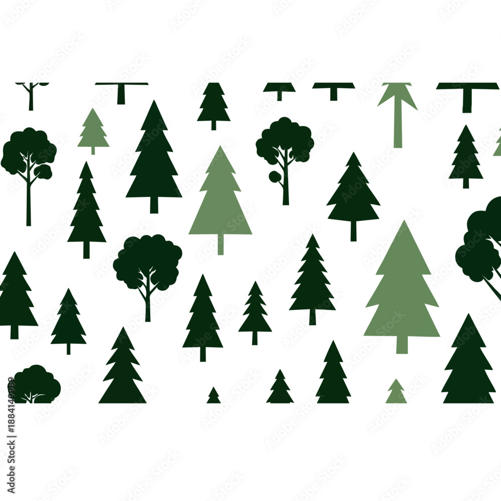 Fototapeta premium A graphic illustration of various green tree silhouettes in different shapes and sizes on a white background with a flat lay composition.