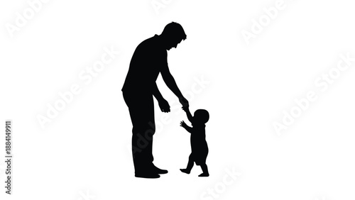 Fatherhood moment of a man assisting his toddler in taking first steps conveying guidance love learning and family bonding pure Silhouette vector on whit Background