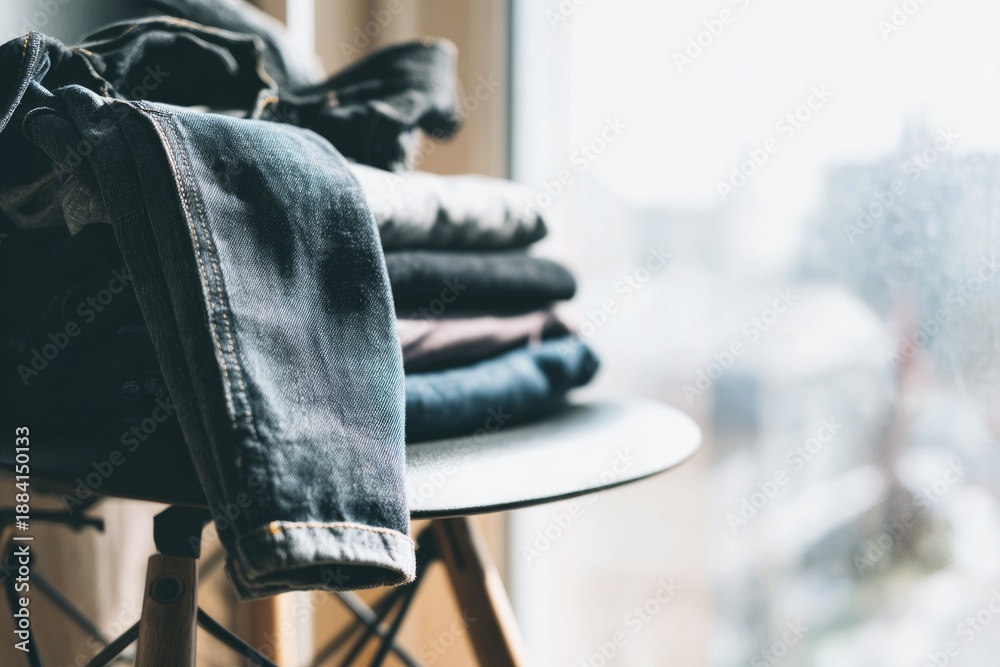Fototapeta premium Stylish Clothing Display with Folded Denim and Casual Fashion Items