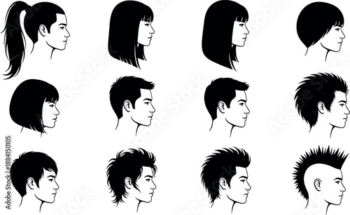 Vector Set of Male and Female Head Profiles with Various Trendy Hairstyles Including Ponytail Bob Cut Spiky Hair and Mohawk