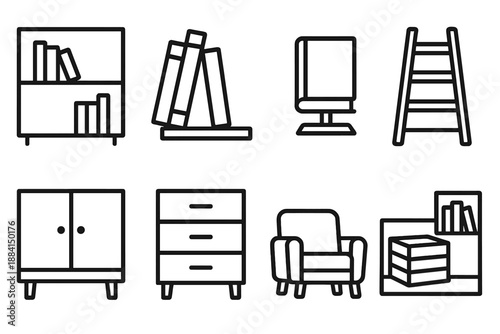 Bookshelf Elements Icons. Storysearch Bookshelf Elements set in outline vector style : shelf unit, bookend, display stand, ladder, cabinet, drawer, crate, reading nook