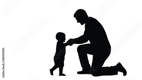 Loving father kneels to support his toddler as they take their first steps together symbolizing love guidance and the beautiful journey Silhouette vector on whit Background