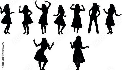 Vector Silhouettes of Young Women Dancing and Having Fun in Dresses and Pants for Party Celebration Event and Fashion Design