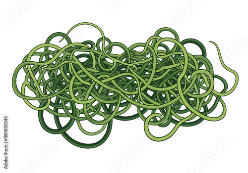 A tangled heap of green spaghetti lies on a plain surface viewed from directly above
