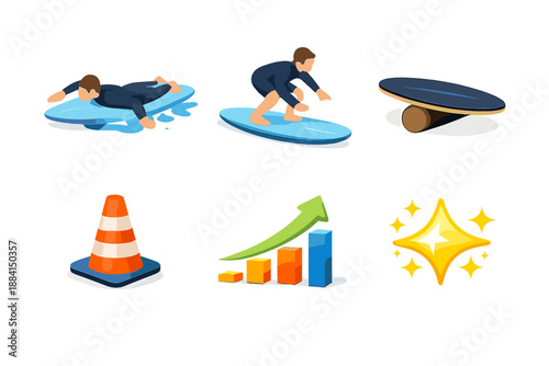 Surf Training Icons. Surf training set in isometric flat vector : paddling arms, pop up motion, balance board, practice cone, skill progress arrow, confidence spark
