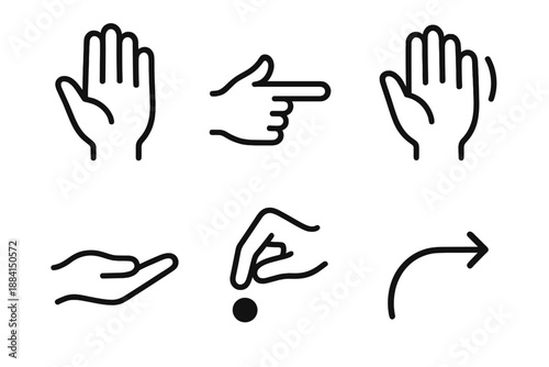 Hand Gesture Icons. Gesture set in outline vector style : open hand, pointing finger, waving palm, curved motion line, offering hand, gentle tap dot