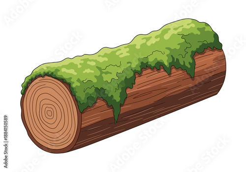 A log covered in green moss is illustrated from a three-quarter view