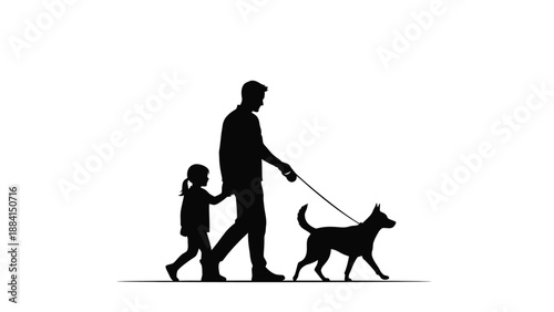 Father walks daughter and dog fostering family connection companionship and healthy outdoor lifestyle in minimalistic against white Silhouette vector on whit Background