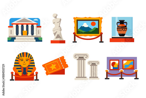 Modern Museum Icons. Museum vector set in modern flat style : classical building, sculpture, painting, display case, artifact, ticket, column, gallery