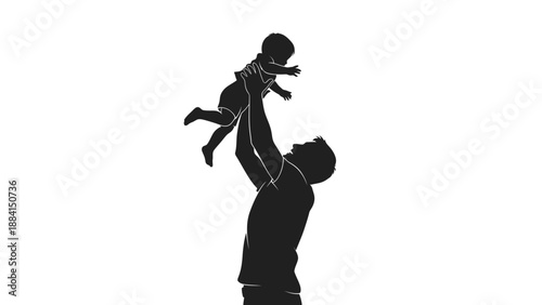 Father playfully throwing baby high in the air expressing love and joy bonding family togetherness and carefree happiness in a minimalist Silhouette vector on whit Background