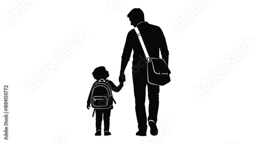 A parent guides their child to school walking together representing learning education and family support with a minimalist and monochrome Silhouette vector on whit Background
