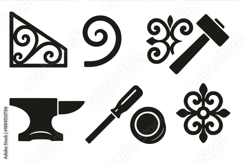 Brutalist Ironwork Icons. Decorative Ironwork icon set in silhouette bold style. Contain wrought iron, metal scroll, filigree piece, hammer, anvil, chisel, rivet, metallic ornament