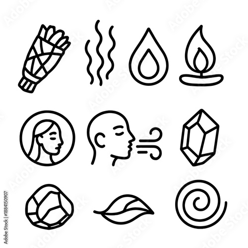 Sacred Healing Icons. Sacred Healing Rituals set in outline vector style: herbal bundle, cleansing smoke, energy droplet, soothing flame, aura ring, calm breath icon, healing stone, renewal swirl