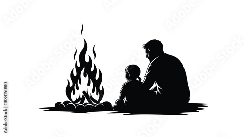 Father and child enjoy storytelling around a campfire bonding in a tranquil outdoor setting creating cherished memories together Silhouette vector on whit Background