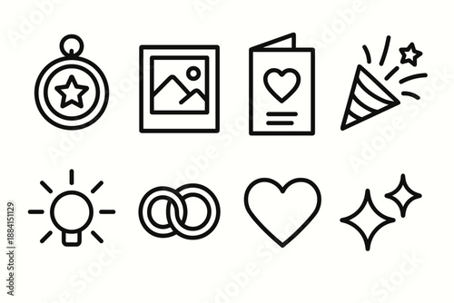 Special Occasion Icons. Memorable Special Occasions set in outline vector style: keepsake token, photo frame, heartfelt note, celebration flare, warm light beam