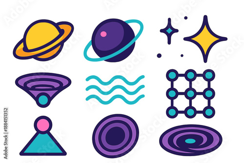 Interstellar Icon Set. Deep Orbit Elements vector set in modern flat style : ringed planet icon, orbital path marker, gravity well symbol, star node, flux wave,