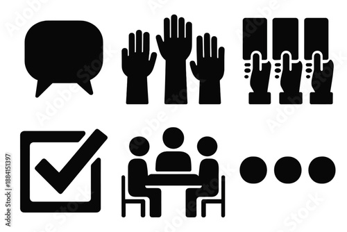 Brutalist Decision Icons. Team decision making icon set in silhouette bold style. Contain discussion bubbles, raised hands, voting cards, agreement tick, shared table, aligned dots