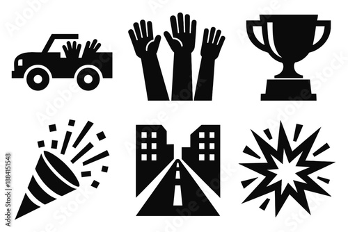 Brutalist Victory Parade Icons. Victory parade icon set in silhouette bold style. Contain open top vehicle, waving hands, trophy display, confetti burst, city street, celebration energy