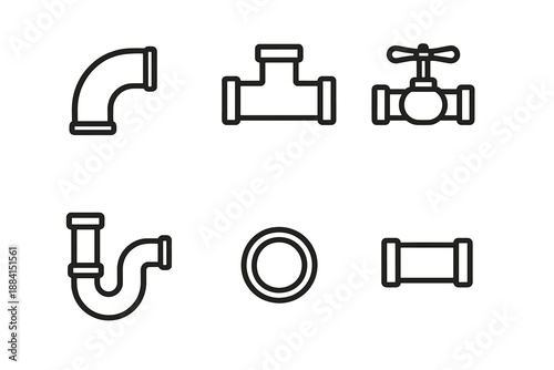 Plumbing Fittings Icons. Plumber fittings set in outline vector style: pipe elbow, T-joint, valve handle, drain trap, sealing ring, coupling piece