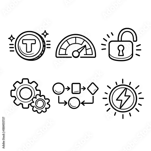 Utility Efficiency Icons. Utility tokenset in outline vector style service icon, usage meter, feature unlock, system gear, workflow arrows, efficiency glow