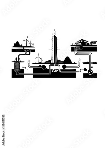 Geothermal Energy Storage Silhouette, Sustainable Power Plant Tower, Renewable Thermal Energy and Future Infrastructure Concept Vector