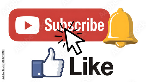 A graphic illustration of YouTube subscribe and like buttons on a black background