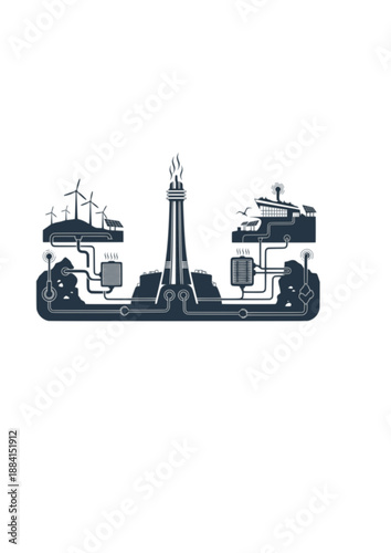 Geothermal Energy Storage Silhouette, Sustainable Power Plant Tower, Renewable Thermal Energy and Future Infrastructure Concept Vector