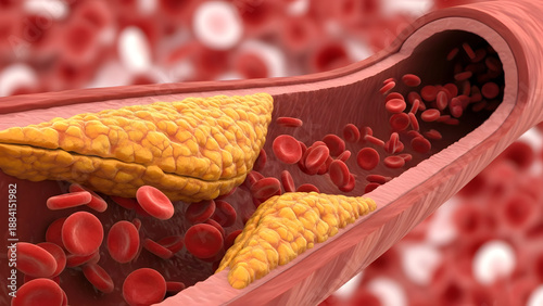 A detailed 3D rendering of a human artery showing plaque buildup and red blood cells, illustrating atherosclerosis and arterial blockage.