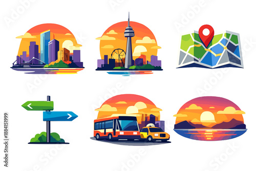 Vibrant City Icons. City destination vector set in modern flat style : skyline buildings, landmark tower, city map, street sign, public transport, sunset horizon