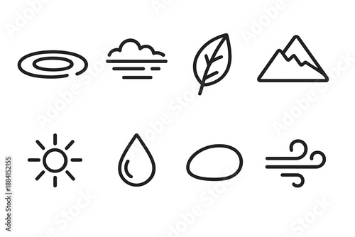 Nature Icons Elegance. Clarity in Nature set in outline vector style: still pond, clear sky, single leaf, mountain outline, morning sun, dew droplet, smooth pebble, gentle breeze line