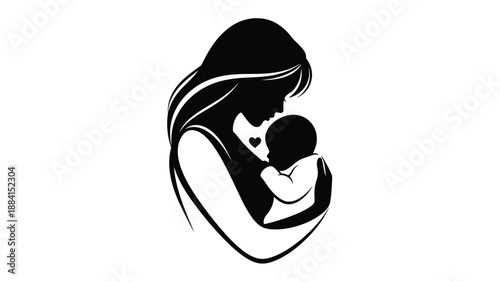 Loving mother holds newborn baby in tender embrace conveying motherhood care family bond and maternal love with minimalist elegance Silhouette vector on whit Background