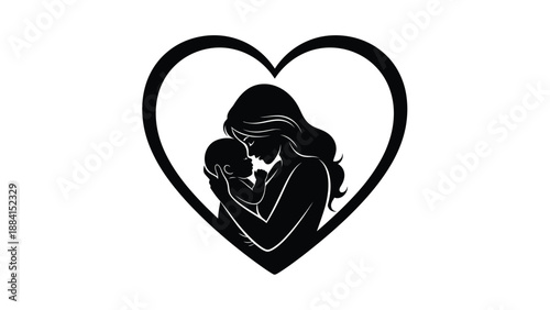 Loving mother holds newborn baby in heart shape conveying tenderness affection and maternal bond in a monochromatic illustration Silhouette vector on whit Background