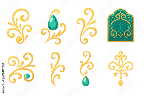 Elegant Vector Embellishments. Elegant Embellish vector set in modern flat style : filigree swirl, pearl accent, polished gem bead, gentle flourish line, ornate