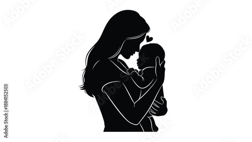 Loving mother cradles her baby in a tender embrace expressing the unbreakable bond of maternal love and the joy of motherhood in a minimalist Silhouette vector on whit Background