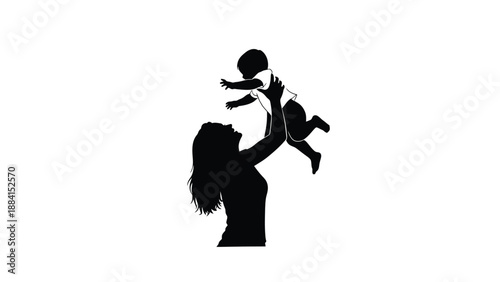Motherhood love of mother holding baby aloft in joyful embrace white backdrop conveying family bonding and cherished moments Silhouette vector on whit Background