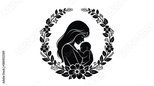 Mother embraces child tenderly within floral wreath symbolizing motherhood family love and the nurturing bond in a minimalist elegant design Silhouette vector on whit Background
