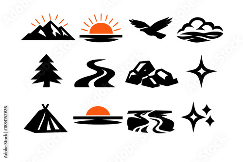 Brutalist Mountain Icons. Sunrise Peaks icon set in silhouette bold style. Contain mountain silhouette, rising sun, bird, mist cloud, tree, path, rock, star, tent, horizon line, stream, sparkle