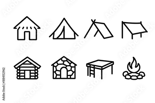 Shelter Icons Collection. Basic Shelter set in outline vector style: simple hut, pitched tent, lean-to frame, tarp shelter, wooden cabin, stone refuge, elevated platform, fire ring