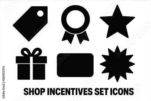 Brutalist Shop Icons. Shop incentives icon set in silhouette bold style. Contain discount tag, reward badge, bonus star, gift box, loyalty card shape, promo burst
