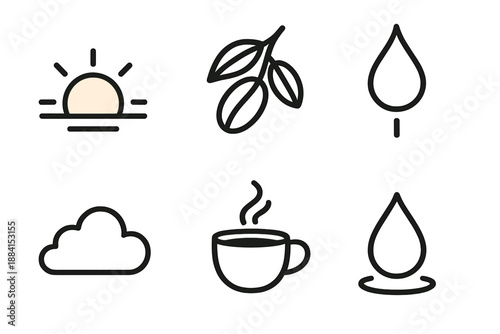 Morning Coffee Icons. Morning roastnote pieces set in outline vector style : sunrise tint orb, fresh bean sprig, drip line, steam curl, soft cloud, warm cup, dew drop, sky patch