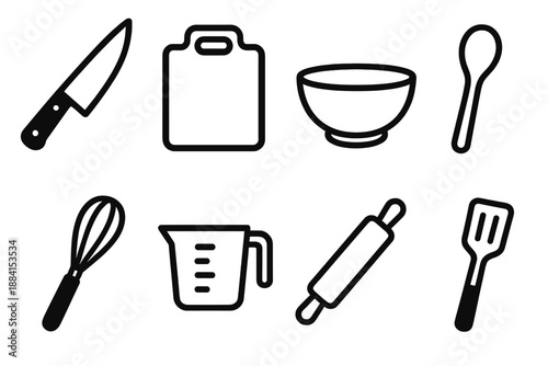Kitchen Tools Icons. Mealmaking Kitchen Tools set in outline vector style : chef knife, cutting board, mixing bowl, wooden spoon, whisk, measuring cup, rolling pin, spatula