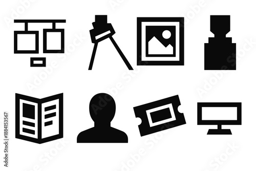 Brutalist Art Icons. Exhibition basics icon set in silhouette bold style. Contain gallery wall, spotlight beam, framed artwork, pedestal stand, brochure, visitor silhouette, ticket icon, display label