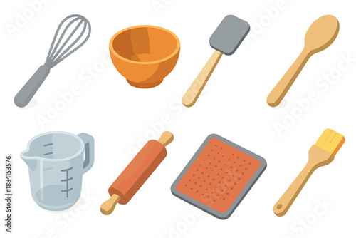 Kitchen Tools Icons. Whisking Kitchen Tools set in isometric flat vector : whisk, mixing bowl, spatula, wooden spoon, measuring cup, rolling pin, silicone mat, pastry brush