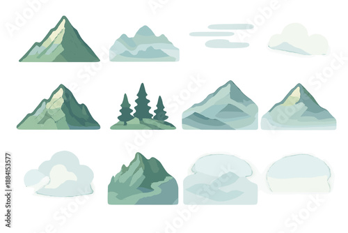 Isometric Mountain Icons. Summit View set in isometric flat vector : tall mountain outline, distant peak silhouettes, soft cloud streaks, gentle shadow bands,